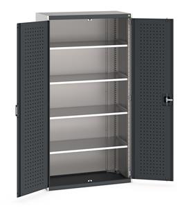 Heavy Duty Bott cubio cupboard with perfo panel lined hinged doors. 1050mm wide x 525mm deep x 2000mm high with 4 x100kg capacity shelves.... Bott Tool Storage Cupboards for workshops with Shelves and or Perfo Doors